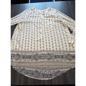 Knox Rose Tunic Top XXL Ivory Black Paisley Floral Print Long Sleeve Button Up